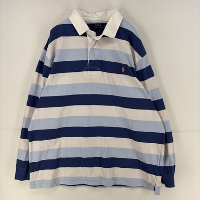 古着 ポロ・ラルフローレン POLO RALPH LAUREN 長袖シャツ ワンポイント ロゴ 刺繍 ラガーシャツ 2XB ブルー系 ボーダー メンズ