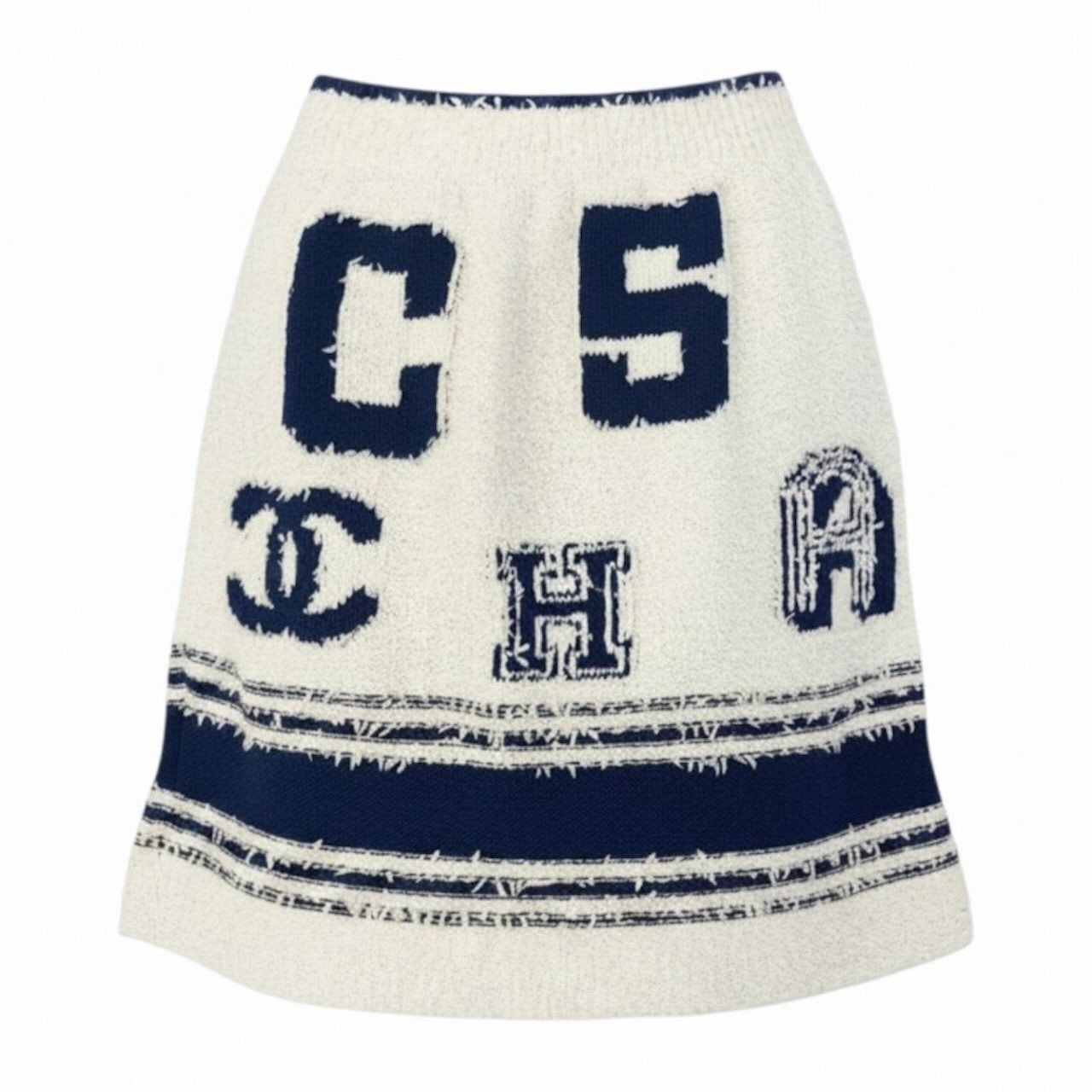 美品 CHANEL シャネル 2019 クルーズライン ミニスカート ココマーク ホワイト ブルー コットン ポリアミド/ シルク/ スカート A3-00176 【中古】