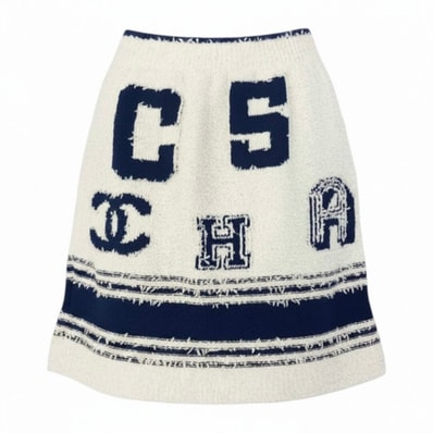 美品 CHANEL シャネル 2019 クルーズライン ミニスカート ココマーク ホワイト ブルー コットン ポリアミド/ シルク/ スカート A3-00176 【中古】