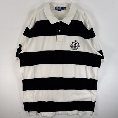 古着 90's/90年代 ラルフローレン RALPH LAUREN 鹿の子 半袖 ポロシャツ ワンポイント ロゴ 刺繍 大きいサイズ 2ボタン 14041 ブラック系 ボーダー メンズ