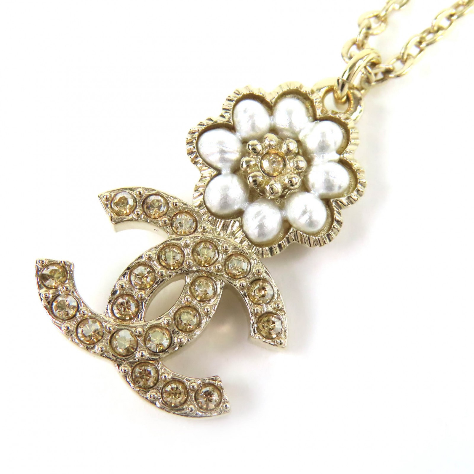 極美品 シャネル カメリア ココマーク ラインストーン ネックレス B22K