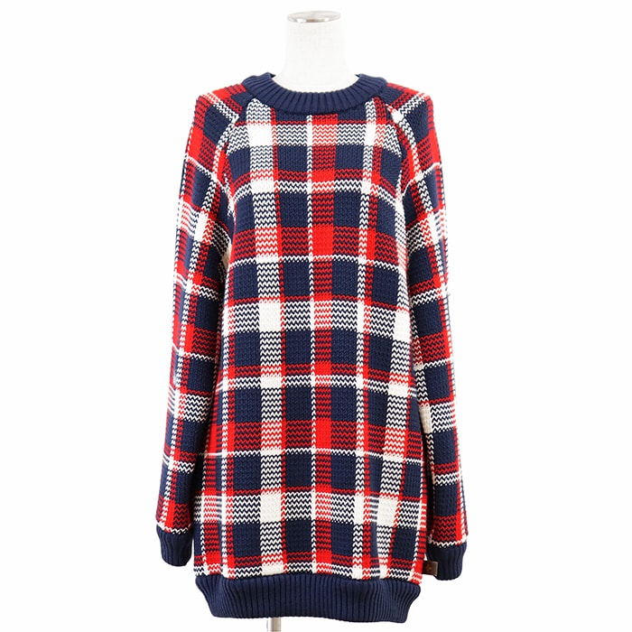 【美品】LOUIS VUITTON ルイ・ヴィトン ワンピース ニット サイズ M レディース 2019AW モノグラムフラワー ローゲージ チェック クルーネック ロングスリーブ 長袖 ドレス トリコロール イタリア製