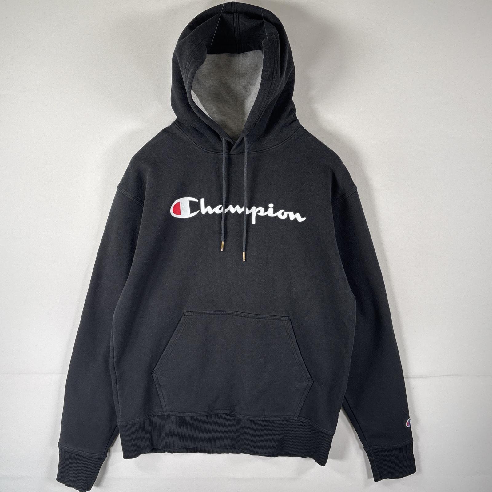 古着 チャンピオン Champion パーカー プルオーバー  フーディ ビッグプリントロゴ ワッペン マフポケット M  ブラック メンズ
