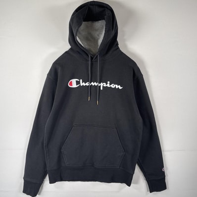 古着 チャンピオン Champion パーカー プルオーバー フーディ ビッグプリントロゴ ワッペン マフポケット M ブラック メンズ