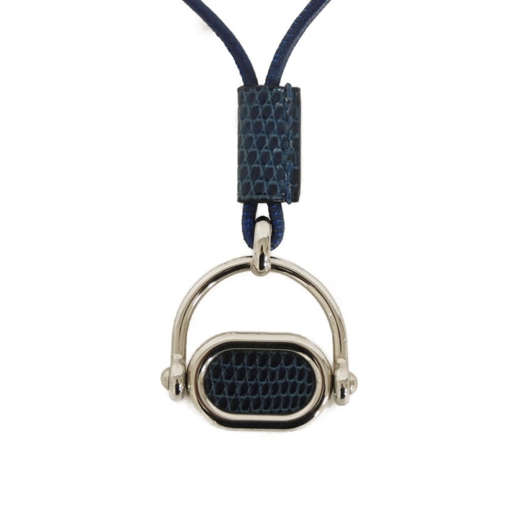 HERMES エルメス オデッセイ ペンダント トップ ロゴ シルバー チョーカー 美品 エキゾチック リザード ブルー ネックレス