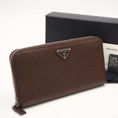 美品 PRADA プラダ ヴィッテロダイノ レザー トライアングルロゴ ラウンドファスナー長財布 2ML317 長財布 ブラウン カーフレザー メンズ