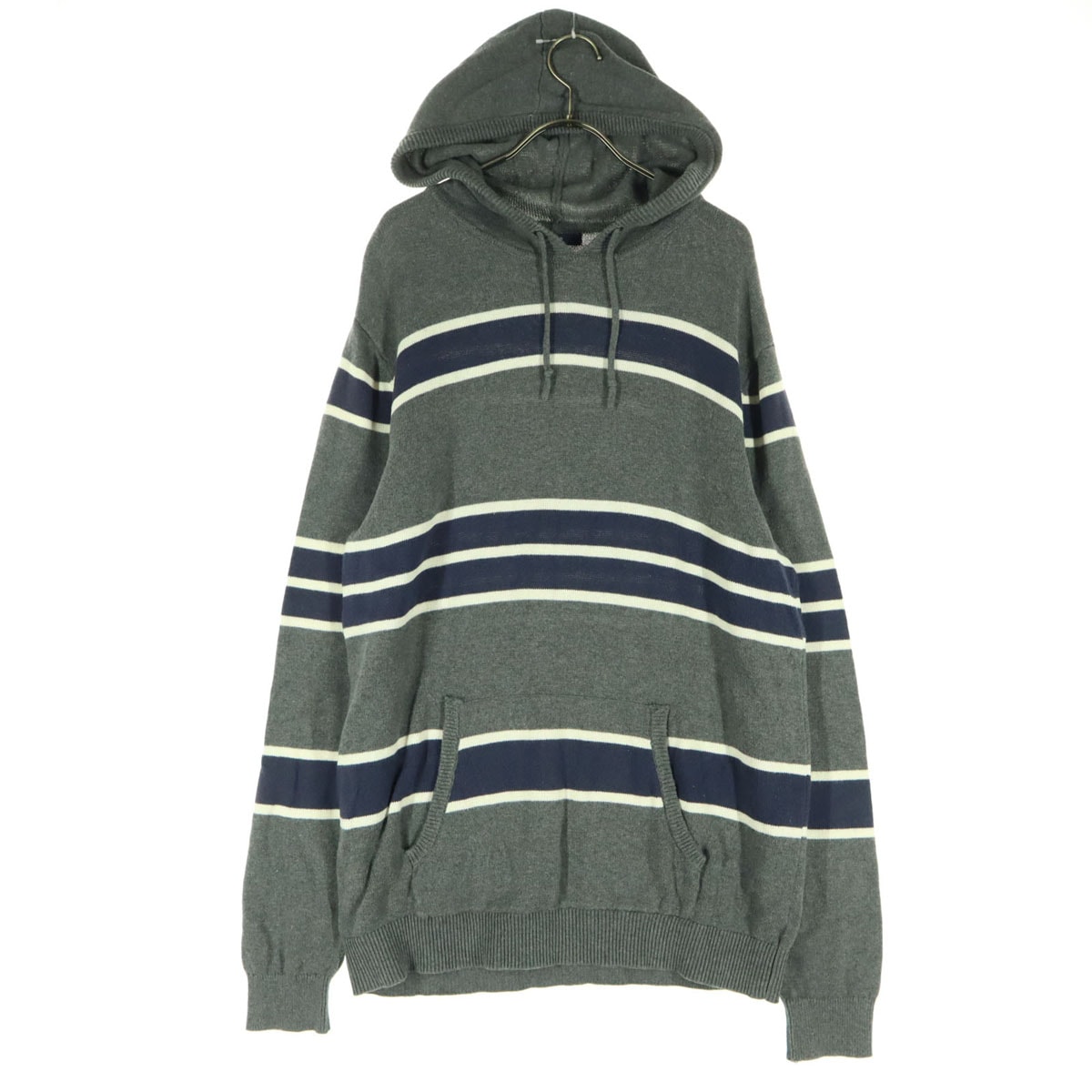 GAP ギャップ コットン ボーダー柄 長袖 コットンニット パーカー L グレー