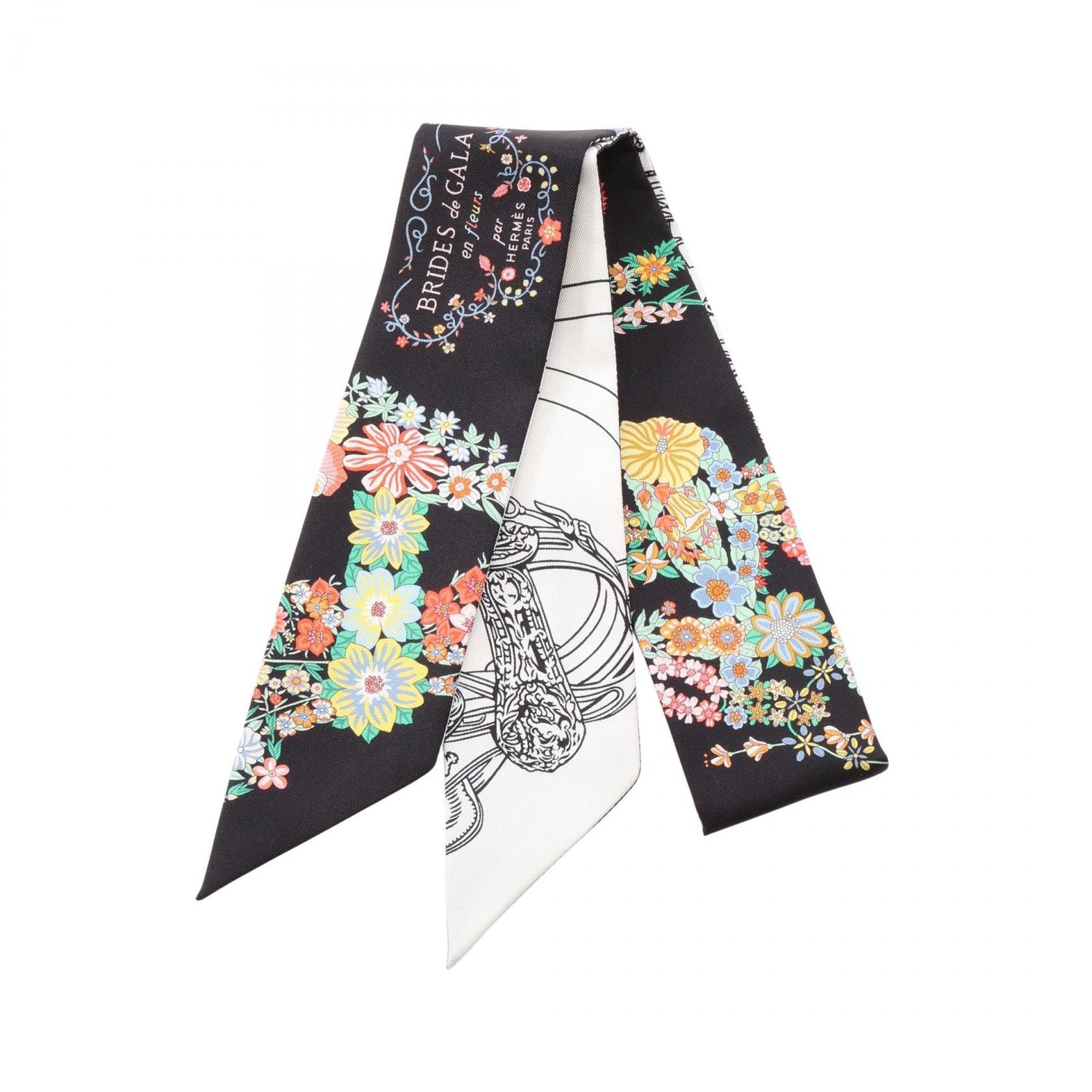 エルメス HERMES ツイリー Brides de Gala en Fleurs アイライナー リボン スカーフ 衣料品 シルク シルク ホワイト レディース ブラック系 / ホワイト系 / マルチカラー 【中古】