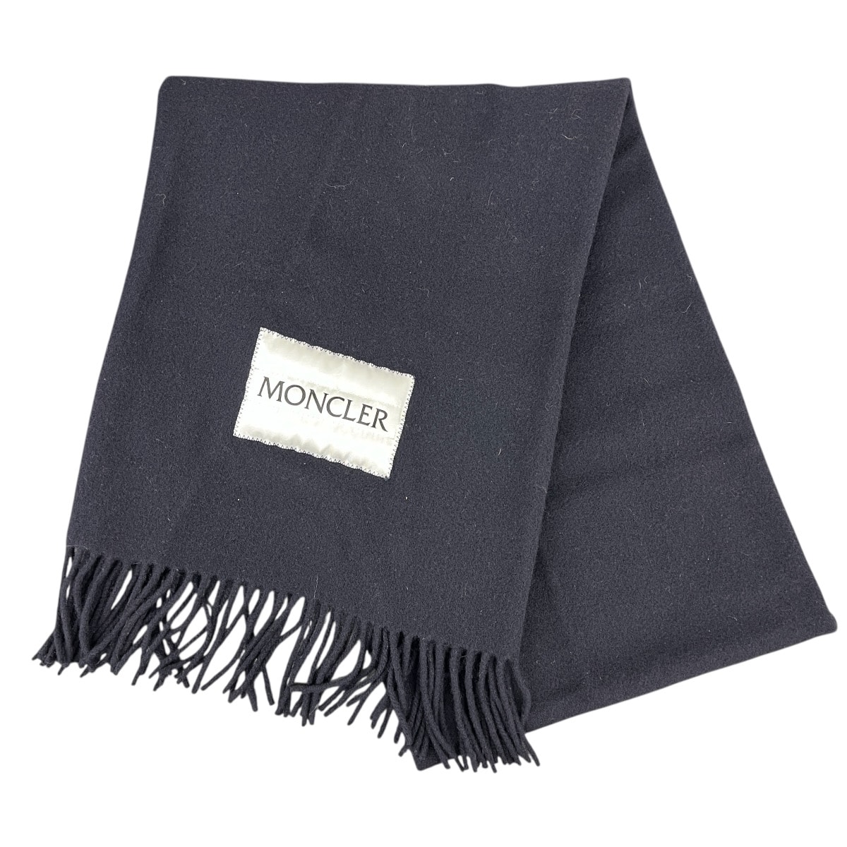 MONCLER 極美品 モンクレール 2023年 ロゴ マフラー 3C00018 ウール ネイビー ホワイト 大判 ストール 箱付き プレゼント ギフト Aランク 中古 鑑定済 モンクレールマフラー