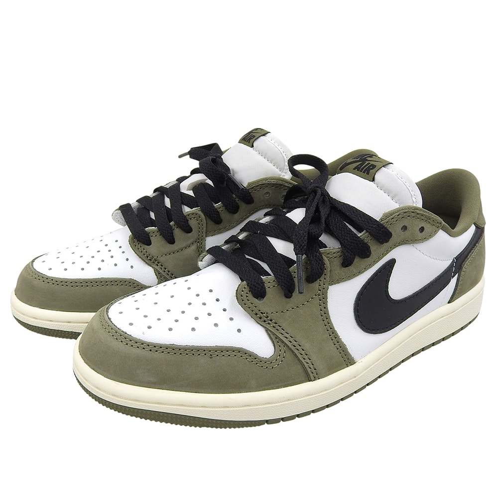 ナイキ 美品 Air Jordan 1 Low OG Medium Olive シューズ メンズ カーキ×ホワイト 26cm HQ6998-200 26