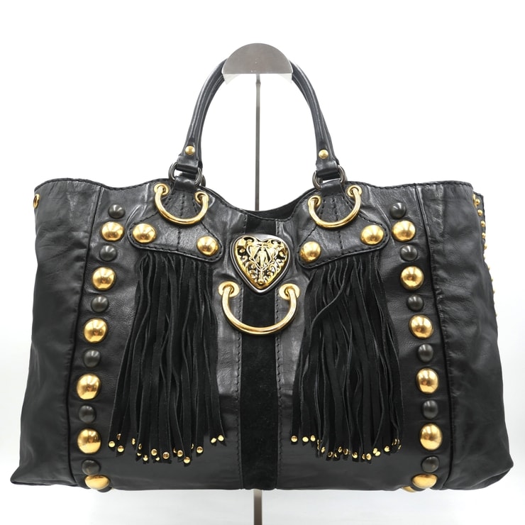 GUCCI(グッチ)バブーシュカ エンブレム ヴィンテージ トートバッグ フリンジ スタッズ ブラック レザー ゴールド金具 207301【中古】