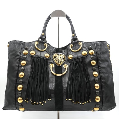 GUCCI(グッチ)バブーシュカ エンブレム ヴィンテージ トートバッグ フリンジ スタッズ ブラック レザー ゴールド金具 207301【中古】