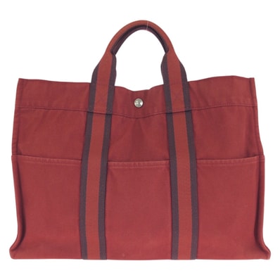 HERMES エルメス フールトゥ MM レッド シルバー金具 キャンバス トートバッグ ハンドバッグ 602079 【中古】