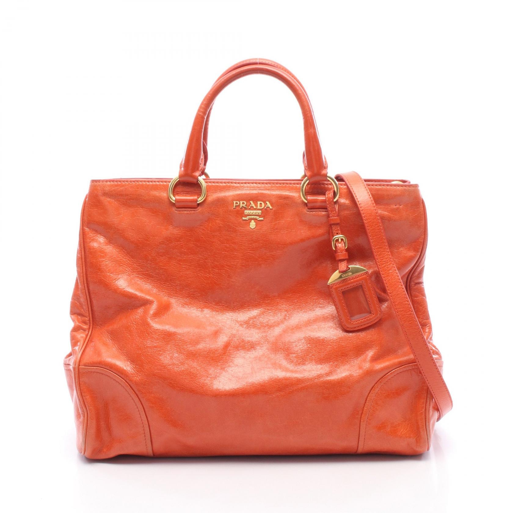 プラダ PRADA メタルロゴ 2WAY トートバッグ バッグ レザー レディース オレンジ系 【中古】