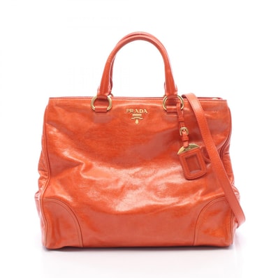 プラダ PRADA メタルロゴ 2WAY トートバッグ バッグ レザー レディース オレンジ系 【中古】