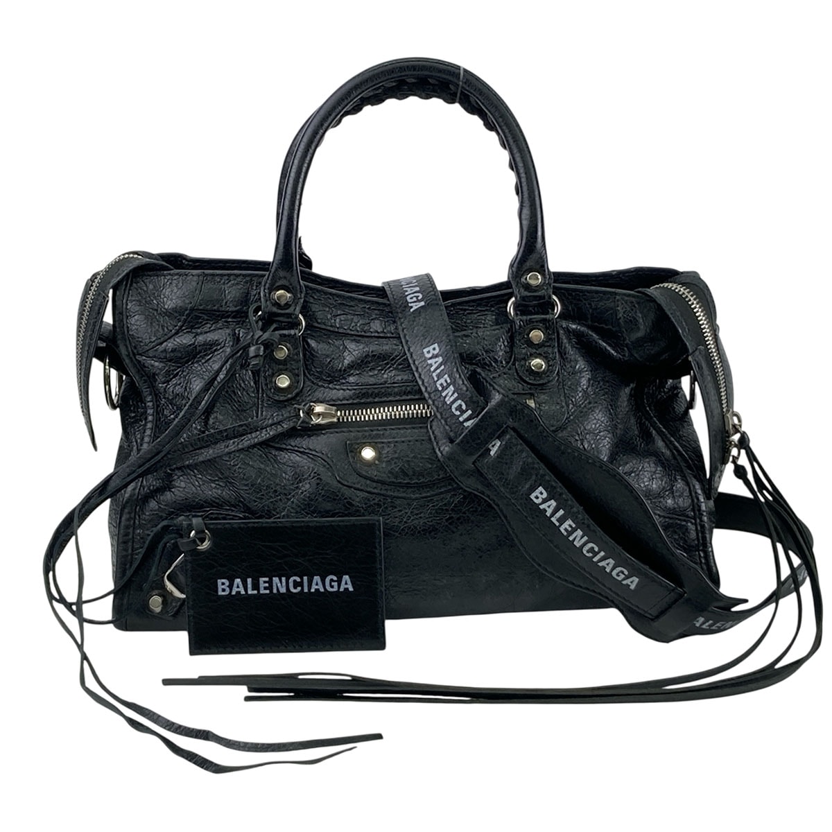 BALENCIAGA バレンシアガ クラシック シティ S 2WAY ショルダーバッグ ロゴプリント ハンドバッグ 431621 レザー ブラック ホワイト  レディース【中古】