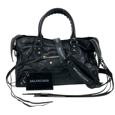 BALENCIAGA バレンシアガ クラシック シティ S 2WAY ショルダーバッグ ロゴプリント ハンドバッグ 431621 レザー ブラック ホワイト レディース【中古】