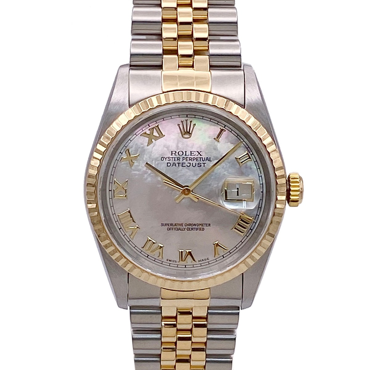 ROLEX ロレックス デイトジャスト ホワイトシェル MOP ローマ数字 P番 腕時計 16233NR ステンレス K18イエローゴールド ゴールド シルバー メンズ【中古】