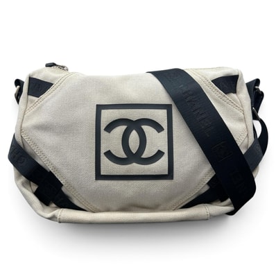 CHANEL 希少 シャネル スポーツライン ココマーク ロゴ キャンバス ショルダーバッグ 9番台シリアル キャンバス ナイロン アイボリー ブラック クロスボディ ヴィンテージ Y2K Bランク 鑑定済 中古 シャネルバッグ