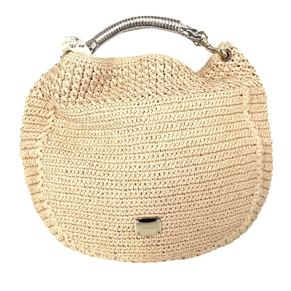 JIMMY CHOO ジミーチュウ ハンドバッグ ストローバッグ トートバッグ 肩掛け 斜め掛け かごバッグ ラフィア  パイソン   ベージュ ゴールド金具 レディース 春 夏【中古品】