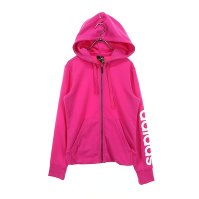 美品 adidas アディダス 袖ロゴプリント 長袖 フーディー ジップ スウェットパーカー L マゼンタ