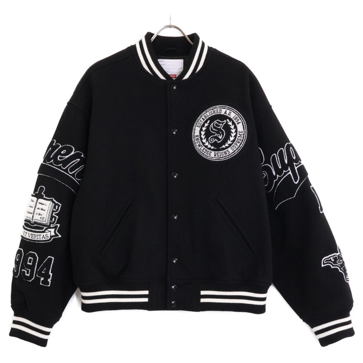 シュプリーム 24FW ブラック×ホワイト Veritas Varsity Jacket M
