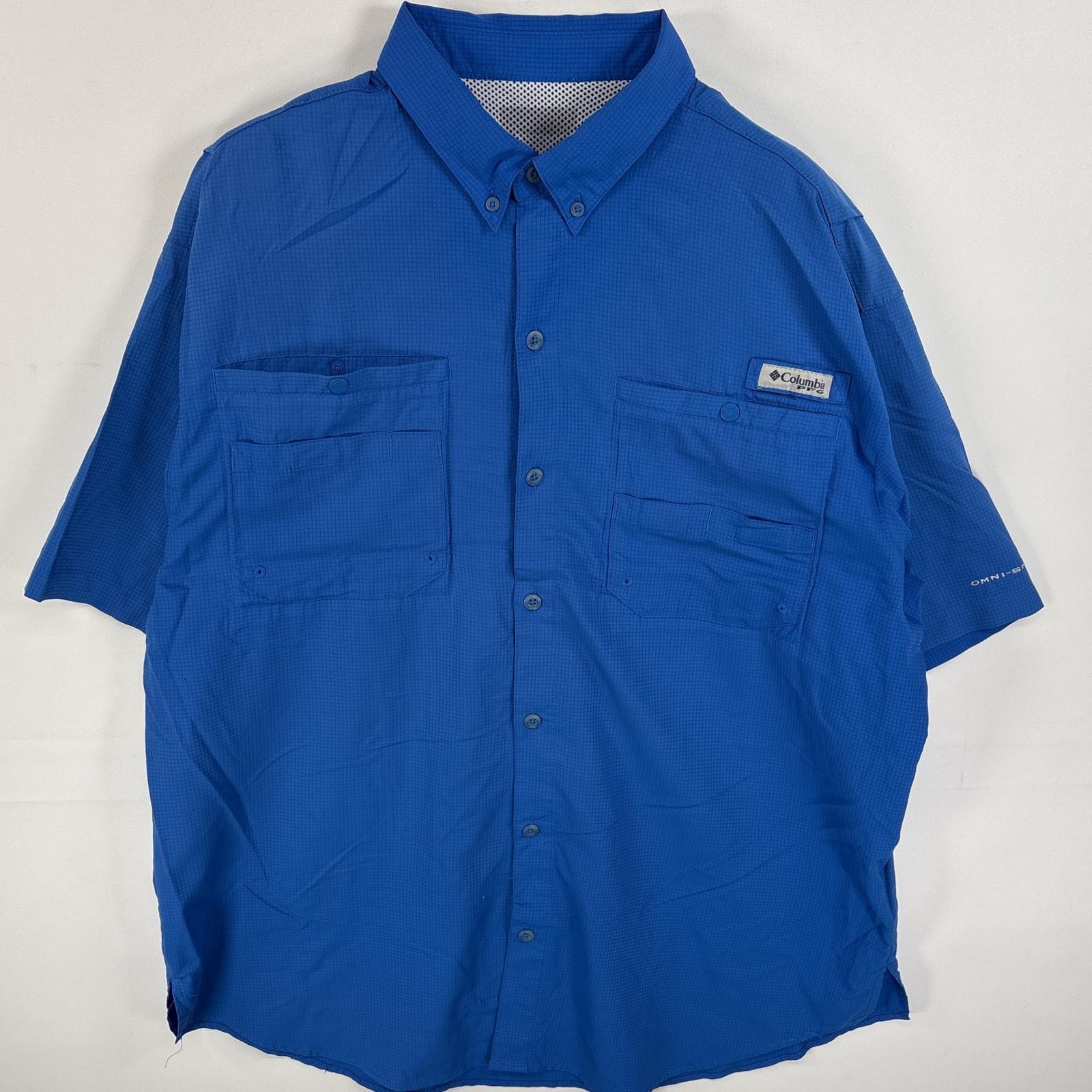 古着 コロンビア Columbia 半袖シャツ ボタンダウンシャツ PFG ワンポイント ロゴ 不明 ブルー 無地 メンズ