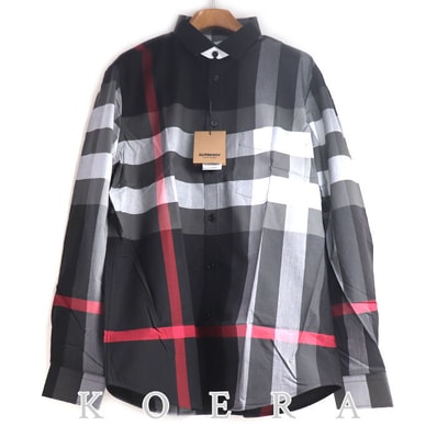 BURBERRY バーバリー SOMERTON グレー 長袖シャツ ブラック グレー 8023772 XL ストレッチコットンポプリン メンズ【未使用】【買取品】