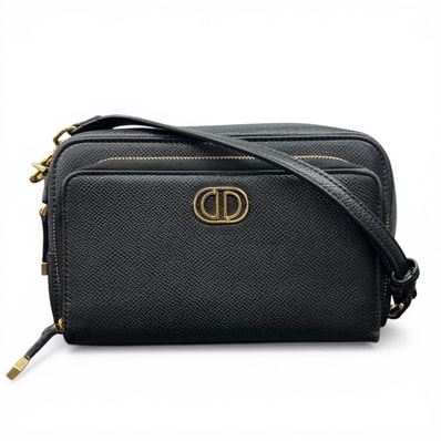Christian Dior 美品 クリスチャン ディオール カロ ダブルポーチ ショルダーバッグ レザー ブラック クロスボディ ポシェット ミニバッグ CDロゴ ABランク 鑑定済 中古 ディオールバッグ