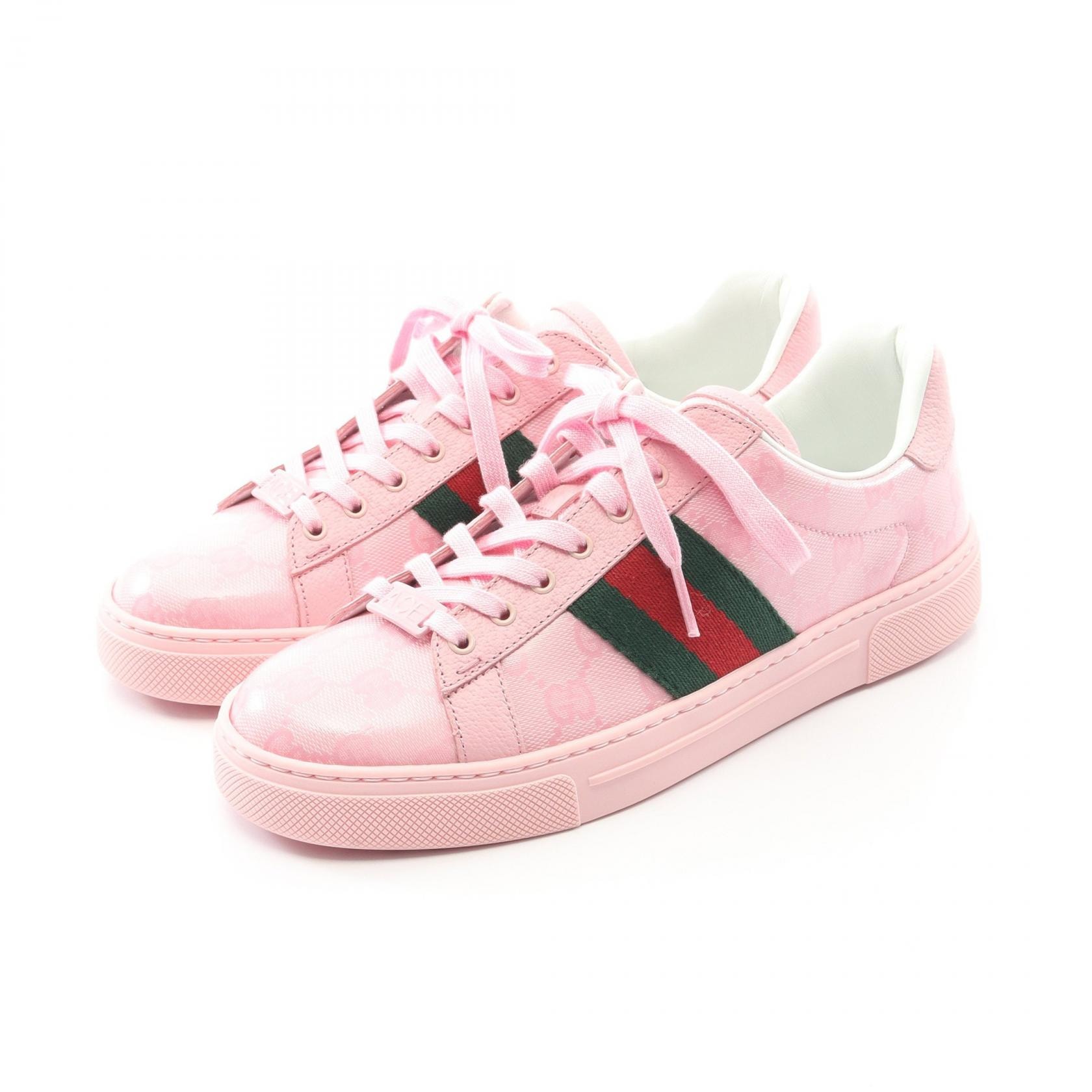 グッチ GUCCI GGクリスタル ウェブ ストライプ スニーカー 靴 PVCコーティングキャンバス レザー レディース ピンク系 【中古】