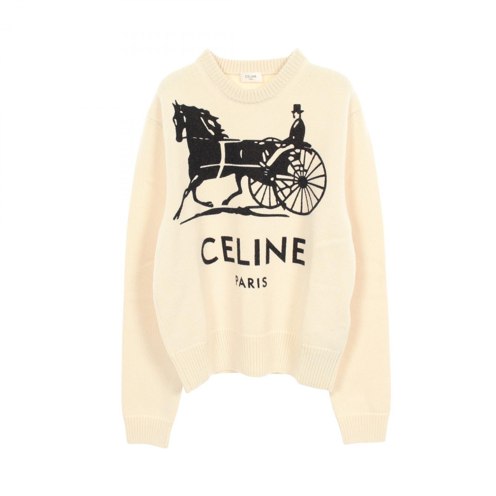 セリーヌ CELINE ロゴ クルーネック ニット 衣料品 トップス カシミヤ メンズ アイボリー系 / ブラック系 RY0SV126101W1XL 【新品】