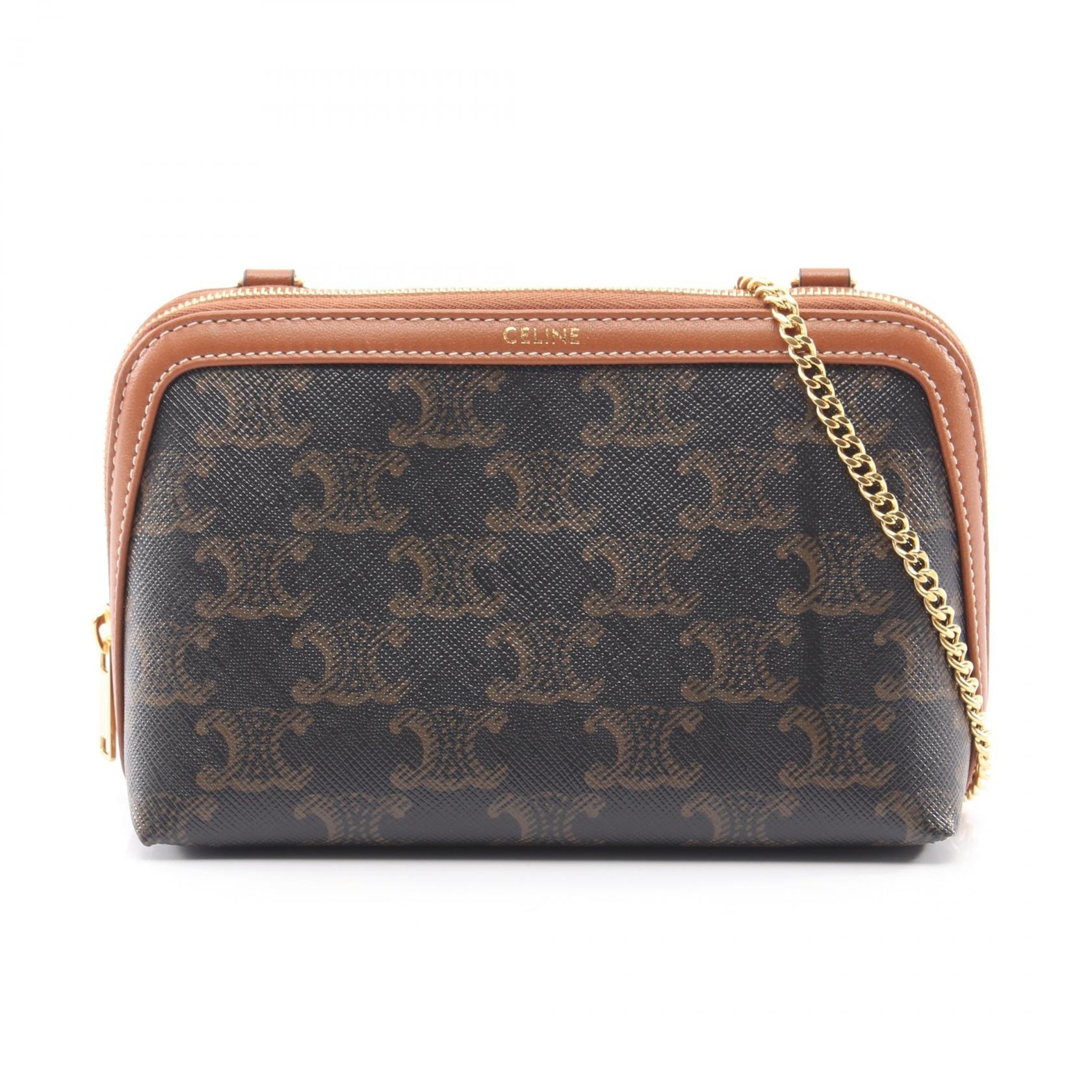 セリーヌ CELINE チェーンクラッチ トリオンフ ショルダーバッグ バッグ PVCコーティングキャンバス レザー レディース ブラック系 / ブラウン系 10E382CBX04LU 【新品】