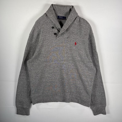古着 ポロ・ラルフローレン POLO RALPH LAUREN コットンニット ハーフボタン ワンポイント刺繍ロゴ L グレー メンズ