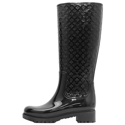SALE【極美品】LOUIS VUITTON ルイ・ヴィトン レインブーツ サイズ 36 レディース スプラッシュライン ロゴ LV モノグラム エンボス ラバー ロングブーツ シューズ 防水 靴 箱/袋付属 ブラック 黒 イタリア製