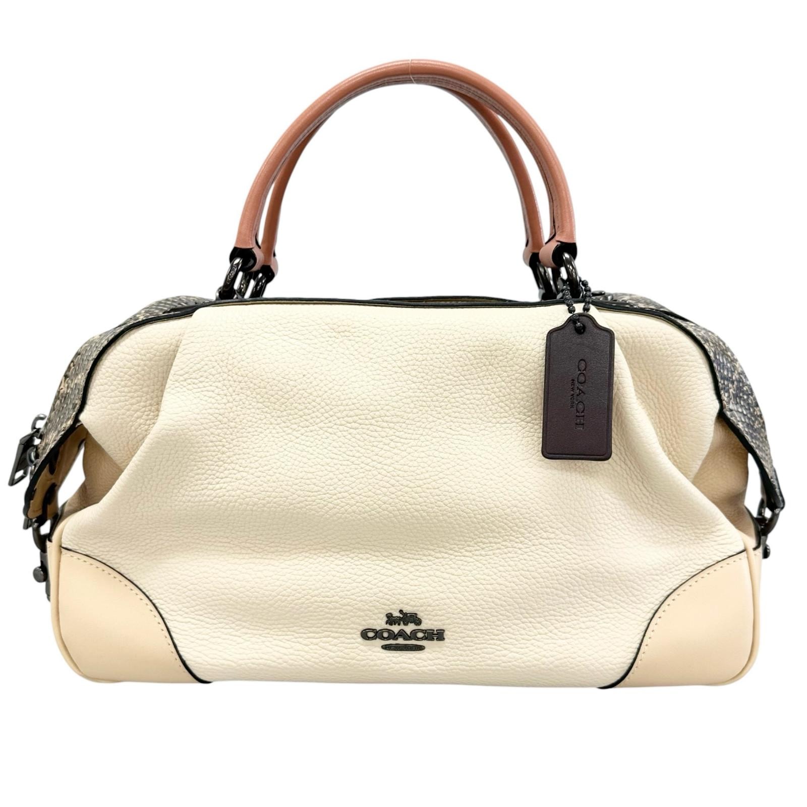 美品 COACH コーチ レーンサッチェルカラーブロックウィズスネークスキン ディテール ハンドバッグ レザー/パイソン ベージュ レディース【中古】