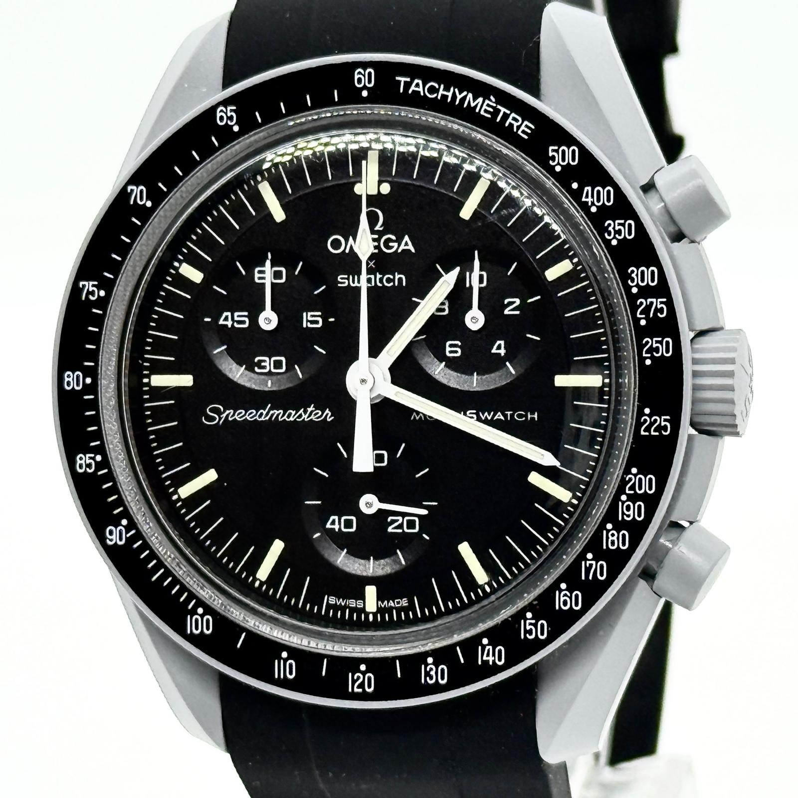 OMEGA オメガ ×スウォッチ ミッショントゥザムーン CE×社外ラバー SO33M100 ブラック QZ メンズ 腕時計 稼働品