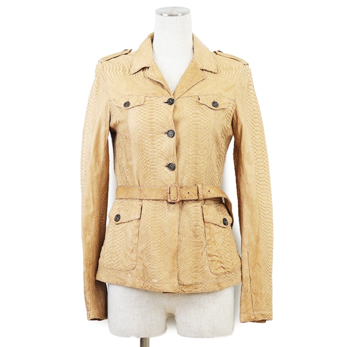 プラダ LN03770 ショートテール パイソンスキン ベルテッド レザー ジャケット レディース キャメル S PRADA