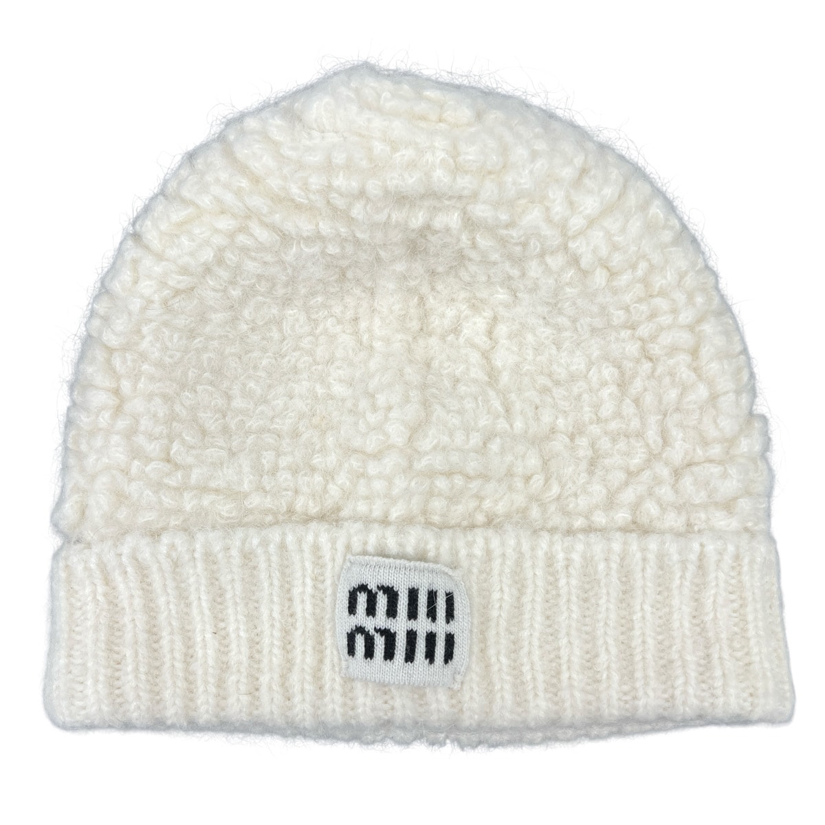 miumiu 極美品 ミュウミュウ アルパカ ニットキャップ 2023年 5HC327 アルパカ ウール ホワイト サイズM ロゴ ビーニー レディース Aランク 中古 鑑定済 ミュウミュウキャップ