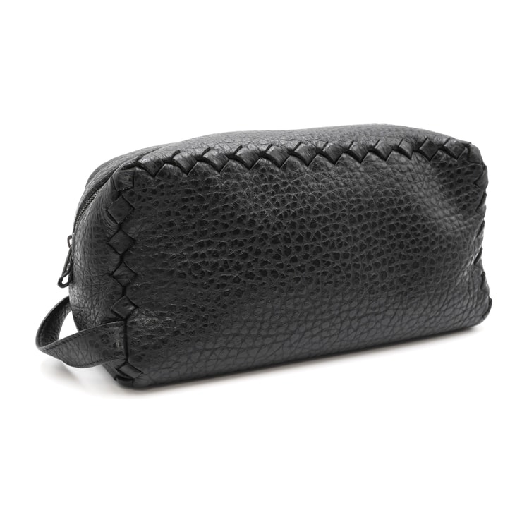 BOTTEGA VENETA(ボッテガヴェネタ)イントレチャート セカンドバッグ クラッチバッグ ポーチ ブラック シボ革 レザー 編み込み ハンドル付き メンズ レディース ユニセックス イタリア製【中古】