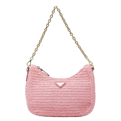 プラダ 三角ロゴプレート Re-Editon チェーン ショルダーバッグ ワンショルダー ピンク ラフィア レザー レディース PRADA 【中古】