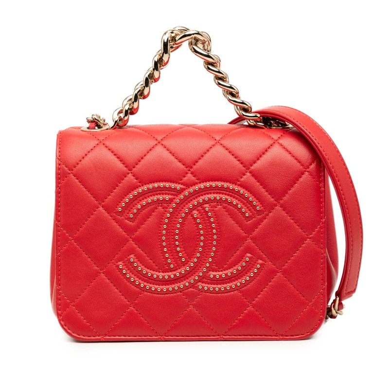 シャネル マトラッセ  ココマーク スタッズ チェーンショルダーバッグ レッド ラムスキン レディース CHANEL 【中古】