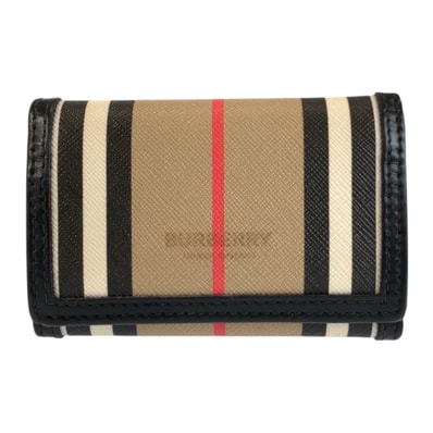 BURBERRY バーバリー アイコンストライプ ベージュ ブラック PVC 折財布 コンパクトウォレット 602440 【中古】