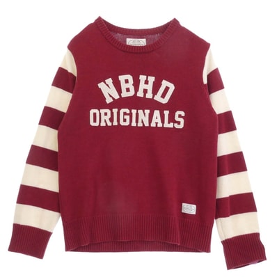 NEIGHBORHOOD ネイバーフッド ニット 15AW 152MANH-KNM04S B.D MF / CW-CREW.LS ウール混 NBHD ロゴワッペン アームボーダー ニット セーター オフホワイト系 レッド系 L【中古】