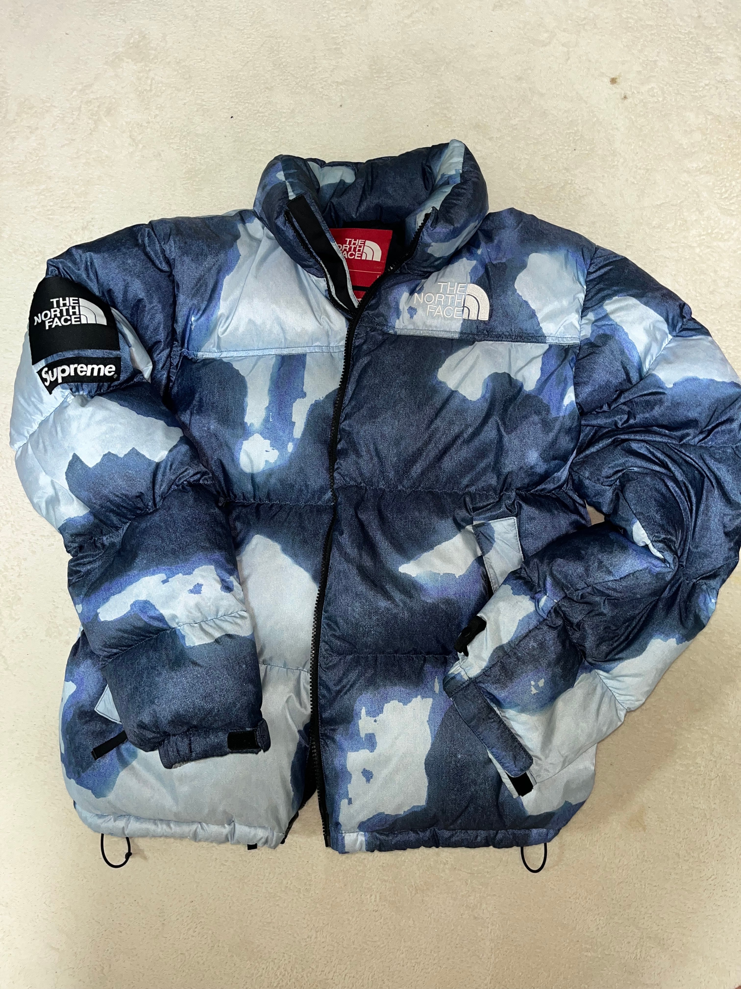 Supreme x The North Face Bleached Denim Print Nuptse Jacket "Indigo"