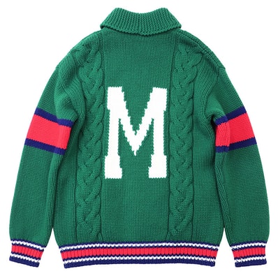 【美品】GUCCI グッチ レタードカーディガン ニット ABCDEFGUCCI M イニシャル ロゴ ローゲージ ケーブル シェリーライン ウェブストライプ ジップアップブルゾン ボンバージャケット ウール100% メンズ S グリーン 緑 イタリア製