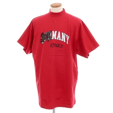 【中古】バレンシアガ BALENCIAGA ダメージ加工 コットン モックネック 半袖Tシャツ レッド【サイズ2】【メンズ】