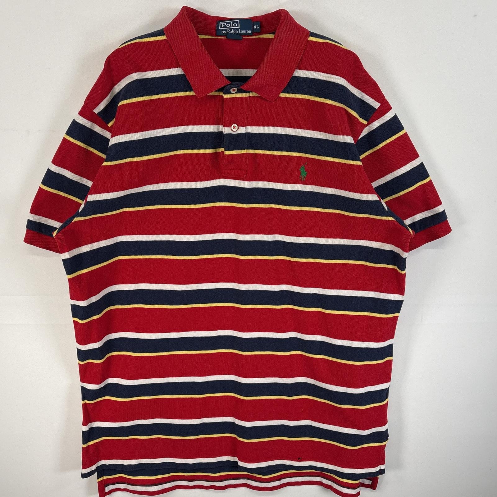古着 90's/90年代 ポロバイラルフローレン Polo by Ralph Lauren 鹿の子 半袖 ポロシャツ ボーダー ロゴ 刺繍 大きいサイズ XL  レッド系 マルチカラー メンズ