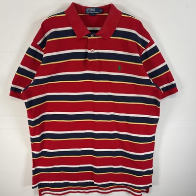 古着 90's/90年代 ポロバイラルフローレン Polo by Ralph Lauren 鹿の子 半袖 ポロシャツ ボーダー ロゴ 刺繍 大きいサイズ XL レッド系 マルチカラー メンズ