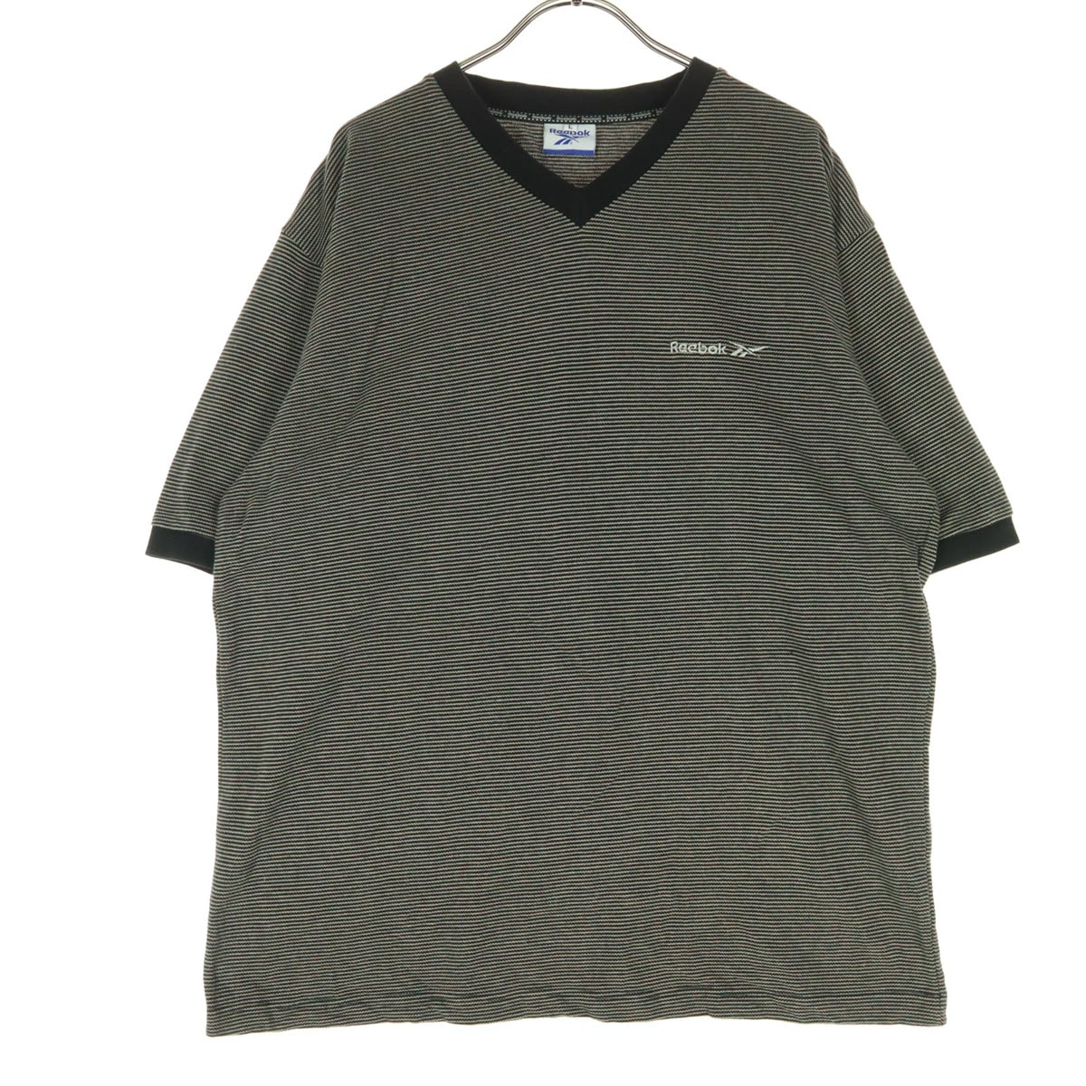 美品 Reebok リーボック ボーダー柄 ワンポイントロゴ 半袖 Vネック Tシャツ L ブラック