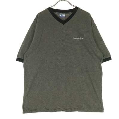 美品 Reebok リーボック ボーダー柄 ワンポイントロゴ 半袖 Vネック Tシャツ L ブラック